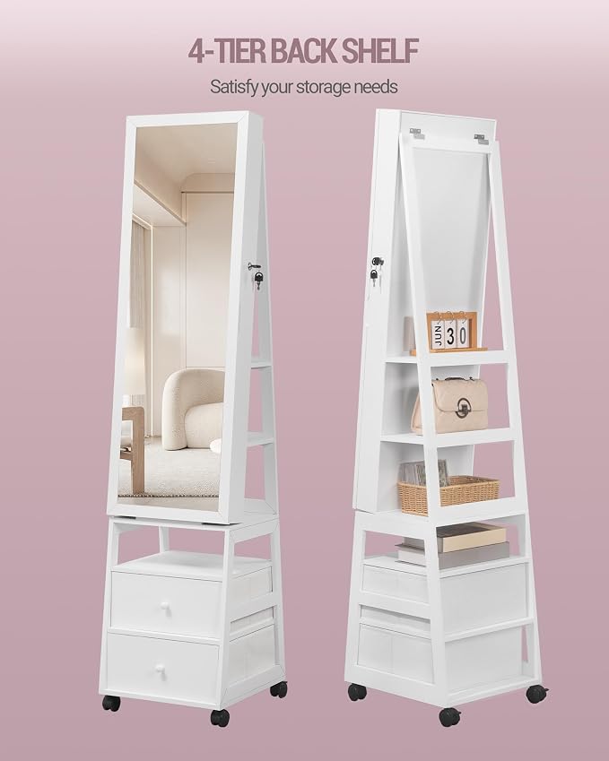 Armoire à bijoux pour femme, avec miroir pleine longueur verrouillable, 2 tiroirs, armoire à bijoux pivotante à 360°, avec éclairage et étagère de rangement, blanc JC37503B