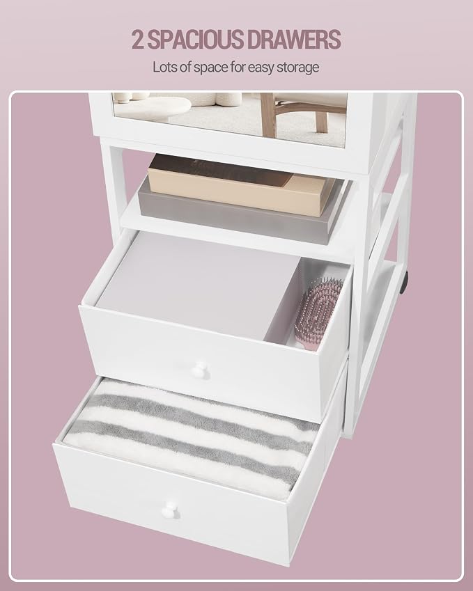 Armoire à bijoux pour femme, avec miroir pleine longueur verrouillable, 2 tiroirs, armoire à bijoux pivotante à 360°, avec éclairage et étagère de rangement, blanc JC37503B