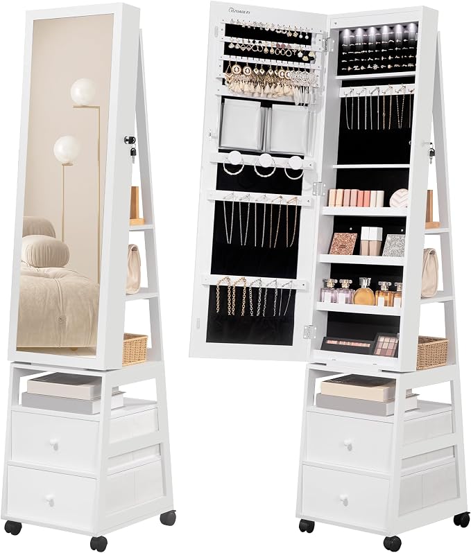 Armoire à bijoux pour femme, avec miroir pleine longueur verrouillable, 2 tiroirs, armoire à bijoux pivotante à 360°, avec éclairage et étagère de rangement, blanc JC37503B