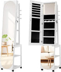 Vitrine à bijoux LED, 66 pouces (environ 167,6 cm) avec porte-manteau, miroir de rangement pour bijoux, équipé de 4 roues, rotation à 360 degrés, 3 étagères avec 6 crochets, blanc et noir JC37603B