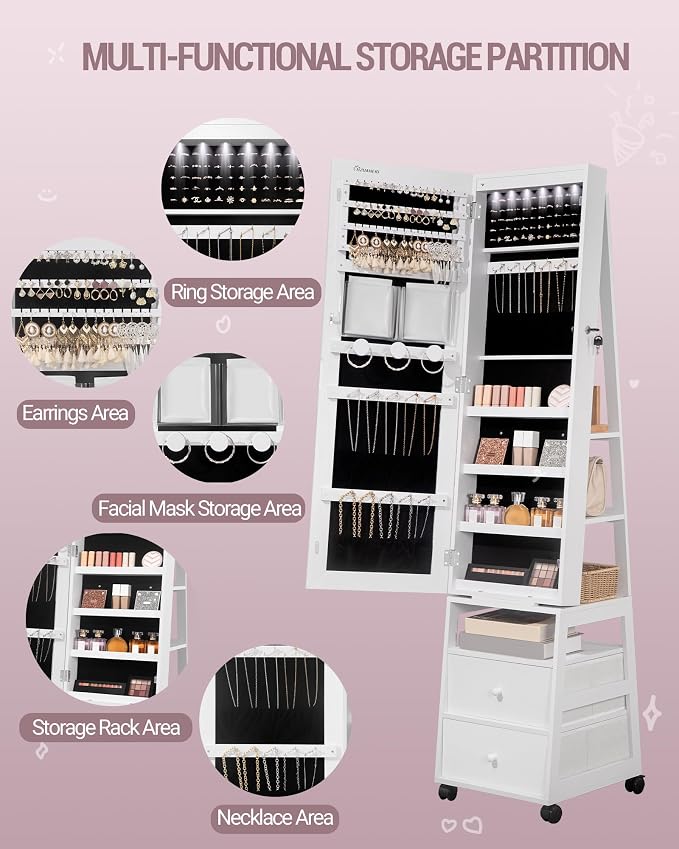 Armoire à bijoux pour femme, avec miroir pleine longueur verrouillable, 2 tiroirs, armoire à bijoux pivotante à 360°, avec éclairage et étagère de rangement, blanc JC37503B