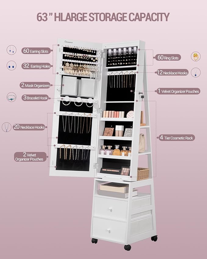 Armoire à bijoux pour femme, avec miroir pleine longueur verrouillable, 2 tiroirs, armoire à bijoux pivotante à 360°, avec éclairage et étagère de rangement, blanc JC37503B